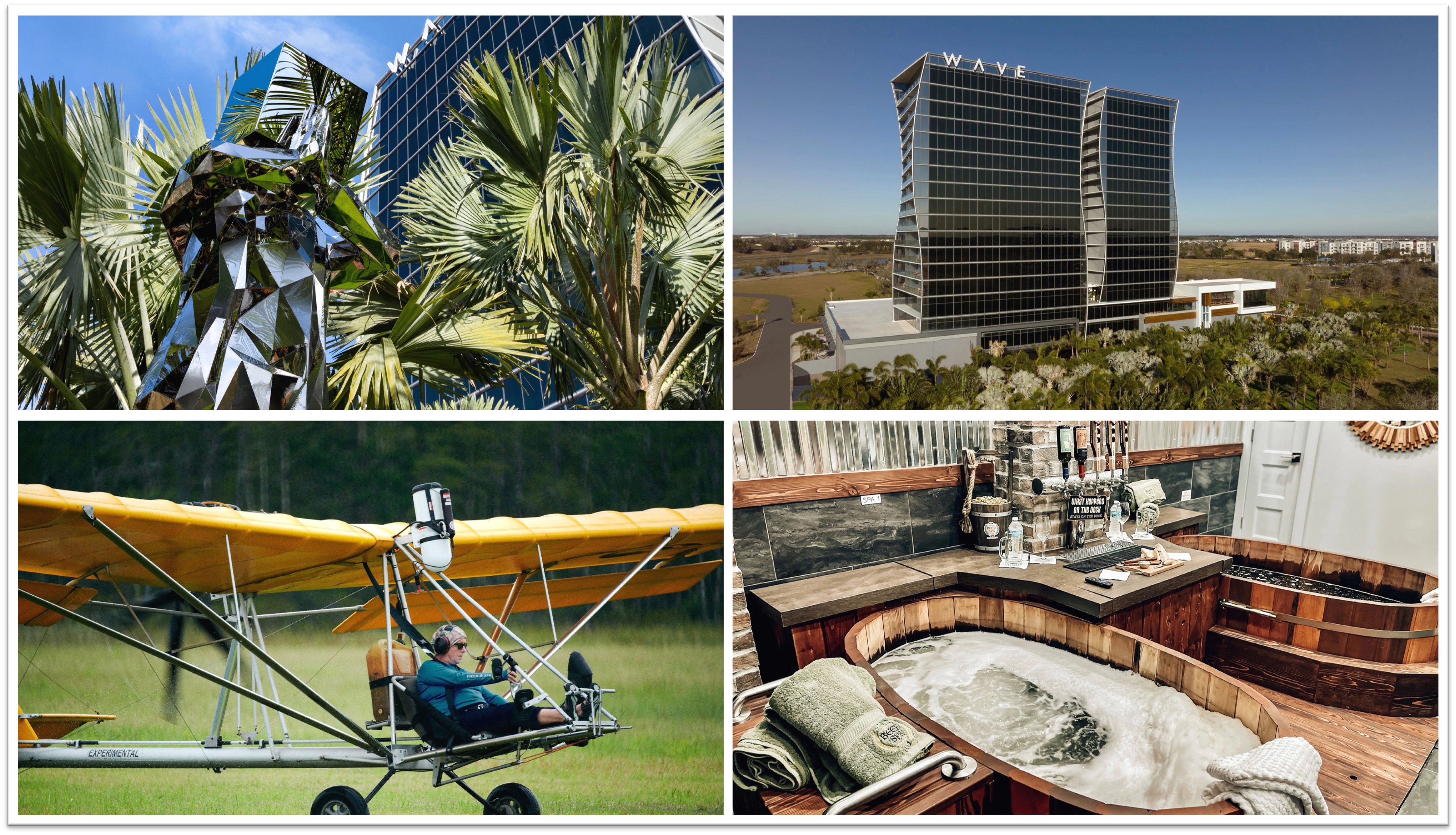 Orlando places and attractions, including the Lake Nona Wave Hotel, Sculpture Garden at the Lake Nona Wave Hotel, Wallaby Ranch and Beer Spa.  