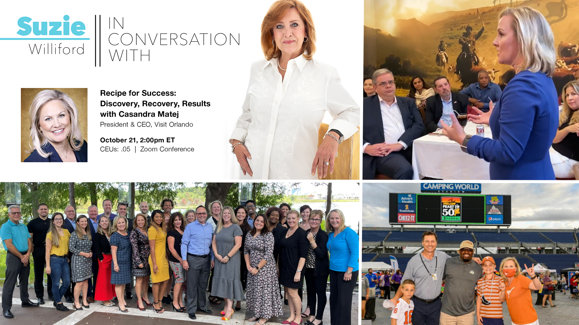 Clockwise from top left: Casandra Matej appeared on “In Conversation with … NKBA’s Suzie Williford"; Casandra speaking to local Orlando Chamber presidents; Visit Orlando's Milestone lunch; Casandra and her son John join Steve Hogan at Feast on the 50.