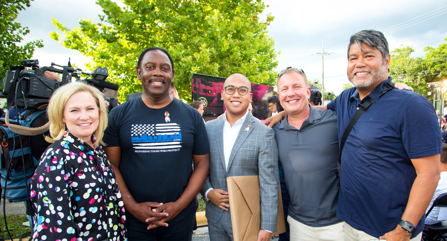 (L to R) Visit Orlando President & CEO Casandra Matej joins Mayor Jerry Demings, Special Assistant to the Mayor Marc Espeso, Deputy County Administrator Darren Gray, and Orlando resident Greg Broner at the June 12 5-Year Pulse Remembrance Ceremony.