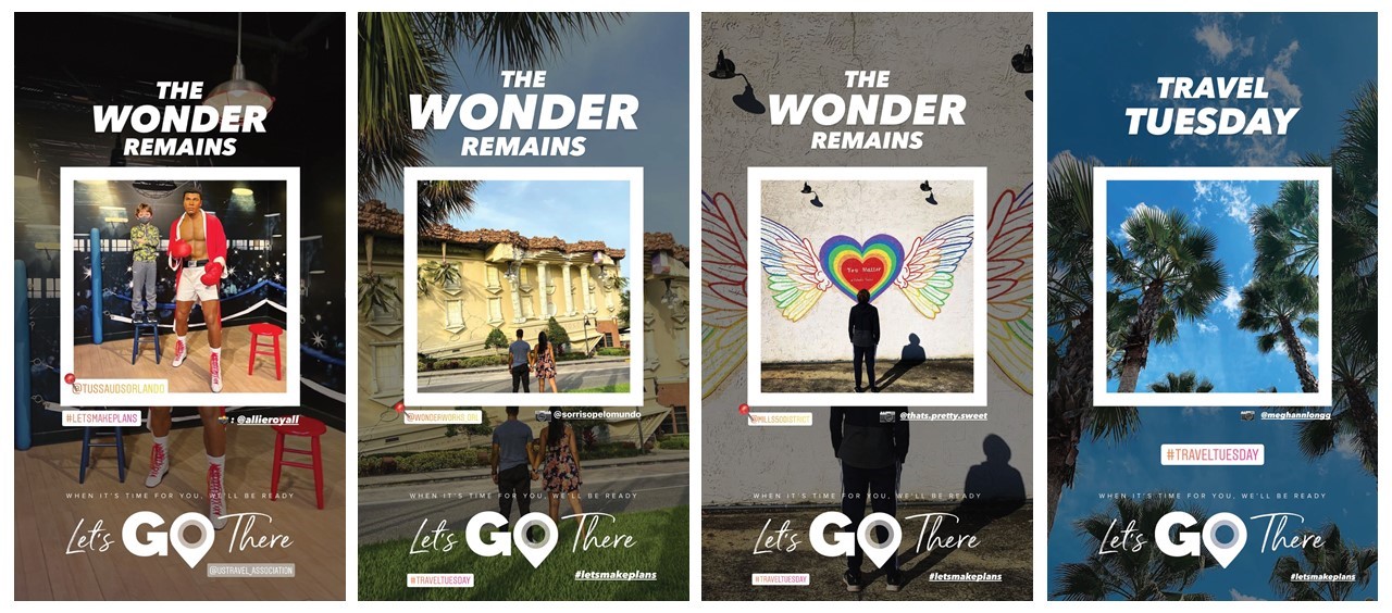 Examples of the U.S. Travel Association's summer 2021 campaign, Let's Go There, running May 17 - June 4.