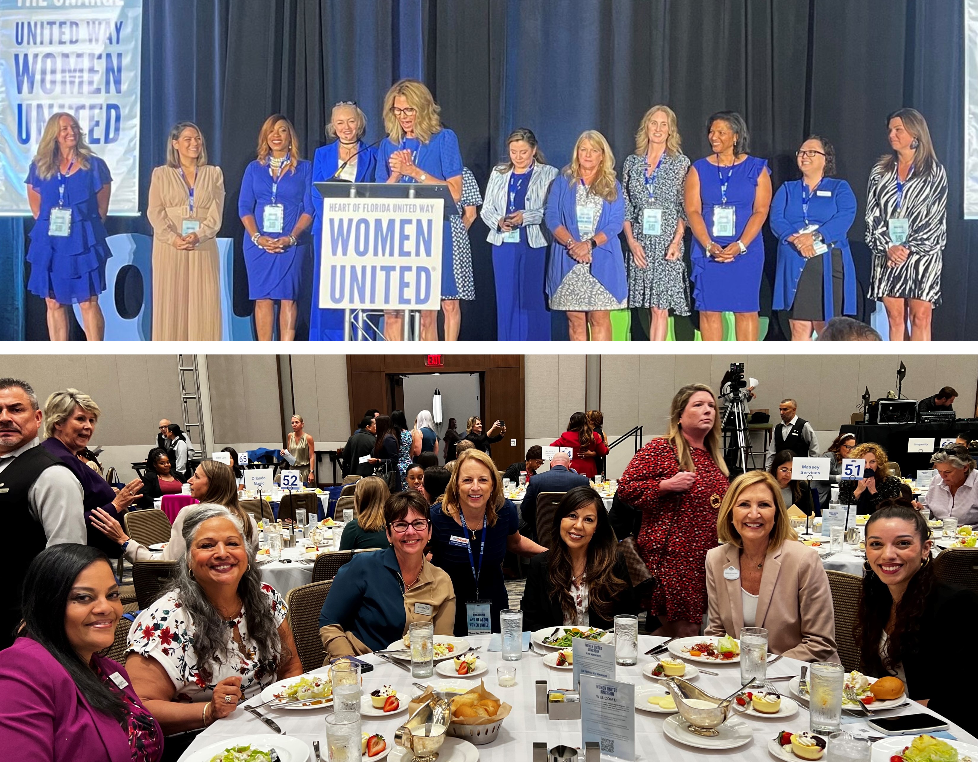 Visit Orlando board members Barb Bowden, Claudia Menezes, Diana Font and Evelyn Cardenas; Visit Orlando team members Danielle Hollander, Destiny Vega and Kristin Westover; and Deborah Bowie representing the onePULSE Foundation, attends the Women United Luncheon. 