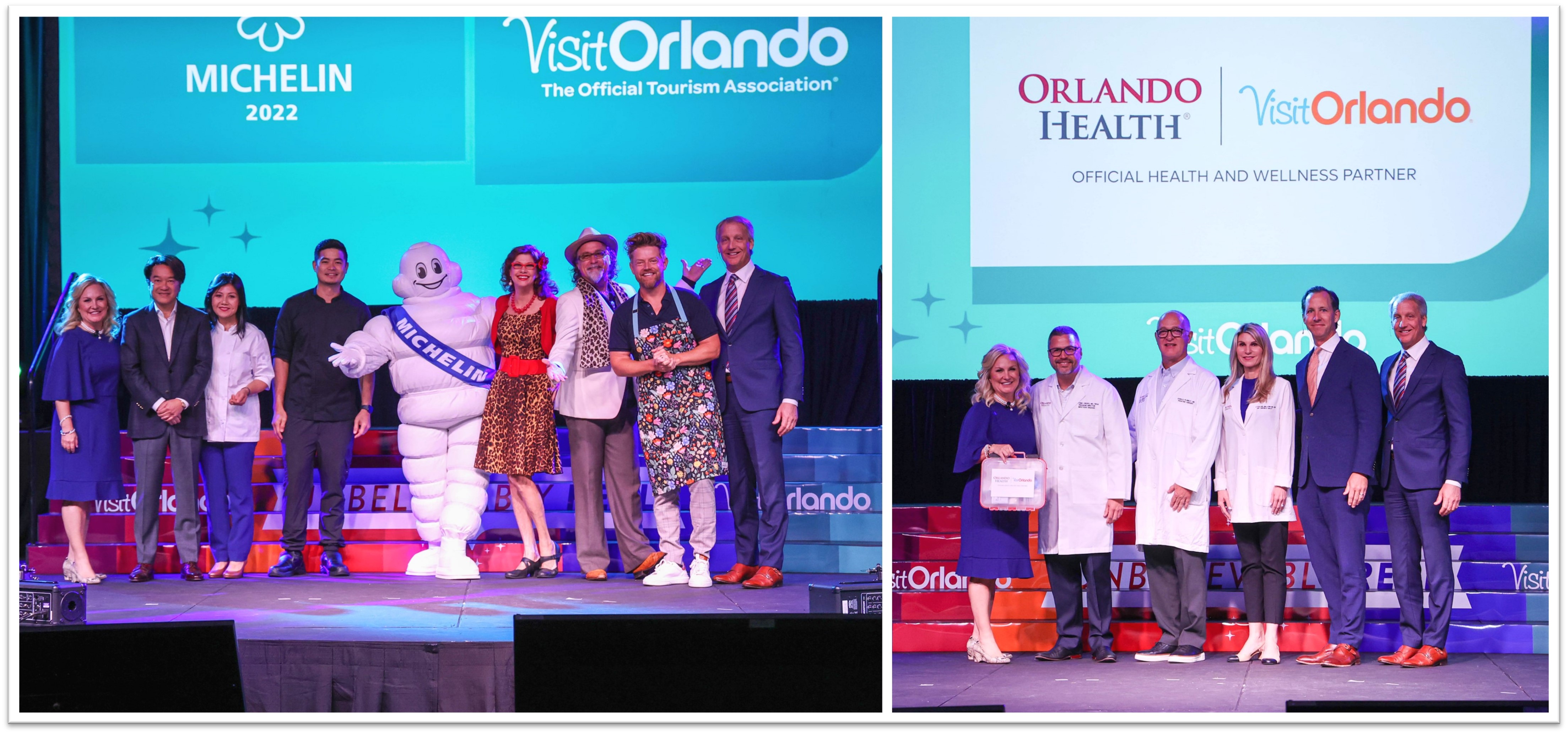Casandra Matej, president and CEO at Visit Orlando, pictured with participating chefs in the Visit Orlando Magical Dining program, and with Orlando Health at Visit Orlando's Insights Luncheon.
