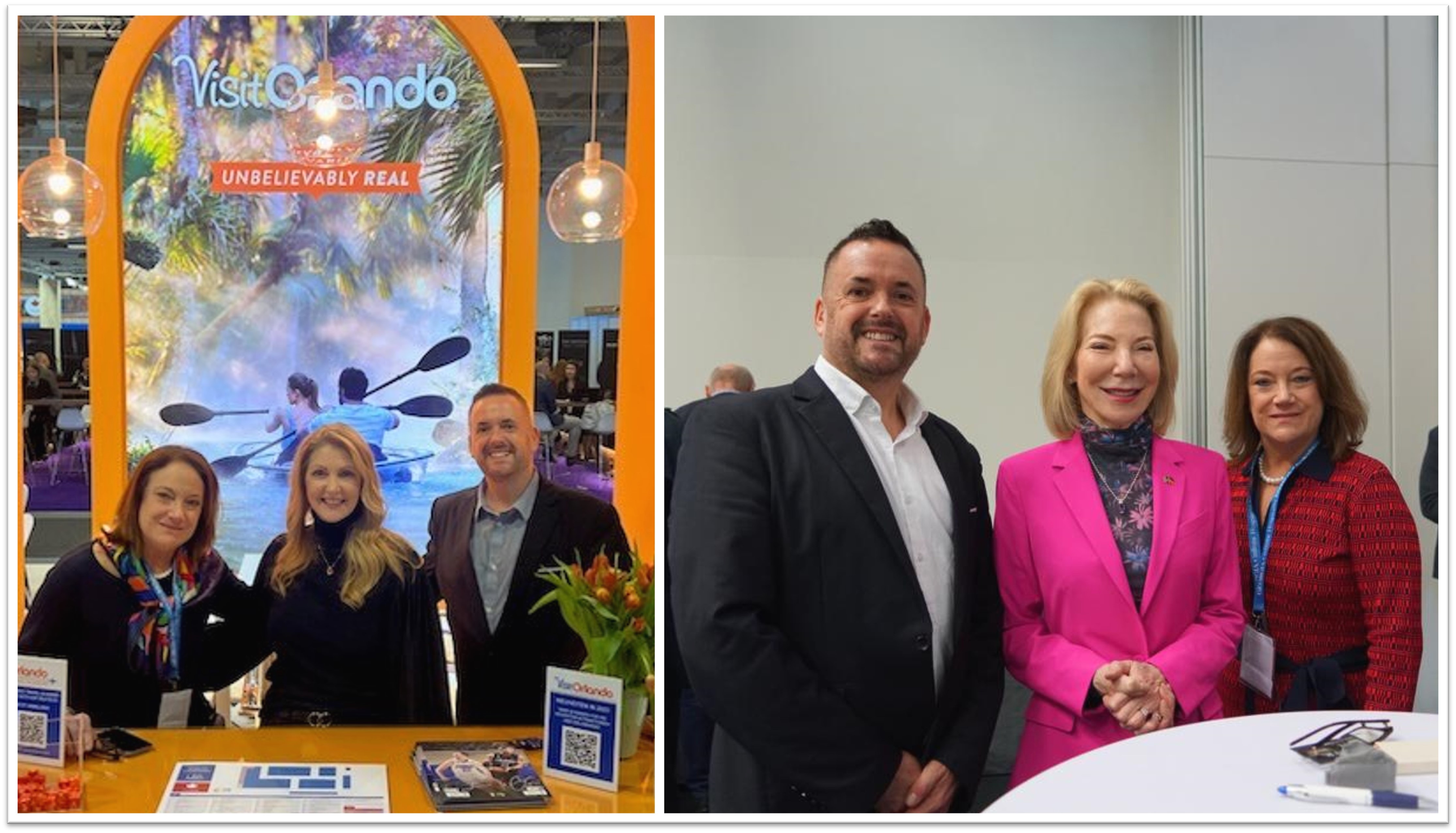 Pictured from left to right: Visit Orlando's VP of travel industry sales, Elaine Blazys; Visit Orlando board member and founder of onePULSE Foundation, Barbara Poma; Visit Orlando's travel industry sales director, Phil White; and United States Ambassador to Germany, Dr. Amy Gutmann, at ITB Berlin.  